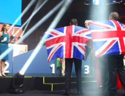 Members of SquadUK holding union jacks in Sao Paulo