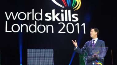 Photo of Nick Clegg on stage at WorldSkills London 2011