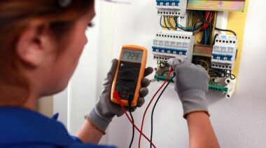 Photo of electronics technician and fuse box