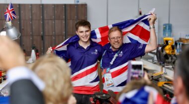 Photo of Owen competing internationally in the cabinet making competition