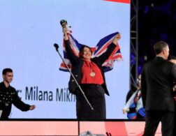 Photo of Phoebe winning bronze internationally in the Hairdressing competition