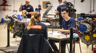 Aircraft maintenance workshop with WorldSkills UK competitors.