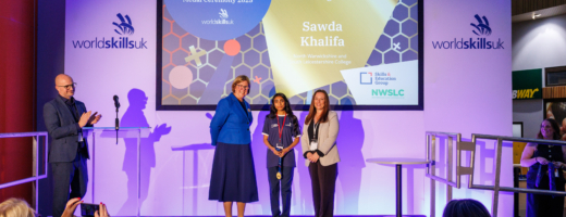 Medal winner on stage at the WorldSkills UK National Finals Foundation Skills 2025 medal ceremony